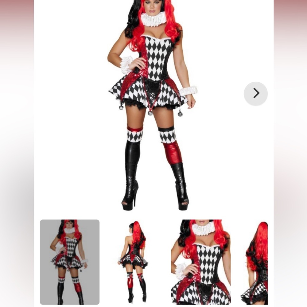 Harlequin Jester Clown Women’s Costume - Black, Red, White. Size Small